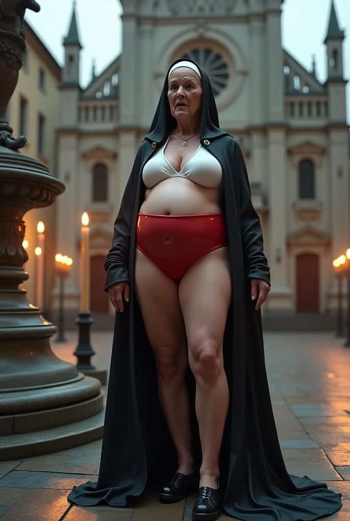 elderly 90 year old woman in the square in front of the church, dressed as a latex nun, white red latex bikini, funny smile, marble statue, dark octane rendering, see hard nipples on her breast, candle lighting, baroque, europe , mandala, side view from below, anatomically correct, big full breasts, she got big fat, pregnant, horny look, legs spread wide, muscular body, super detailed.