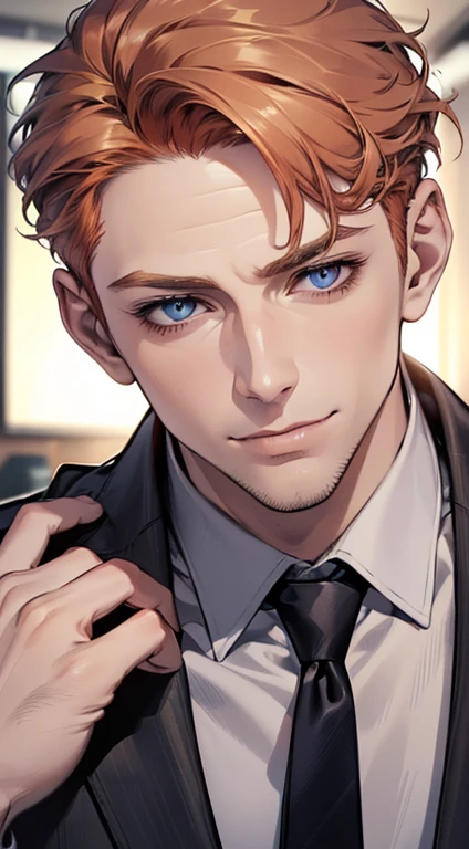 (best quality,4k,8k,highres,masterpiece:1.2),ultra-detailed,(realistic,photorealistic,photo-realistic:1.37),1 man,3,mature man,very handsome,without expression,smile,short grey b
Orange hair,blue eyes,penetrating gaze,perfect face without errors,imposing posture,businessman,office background,cinematic lighting,hdr image