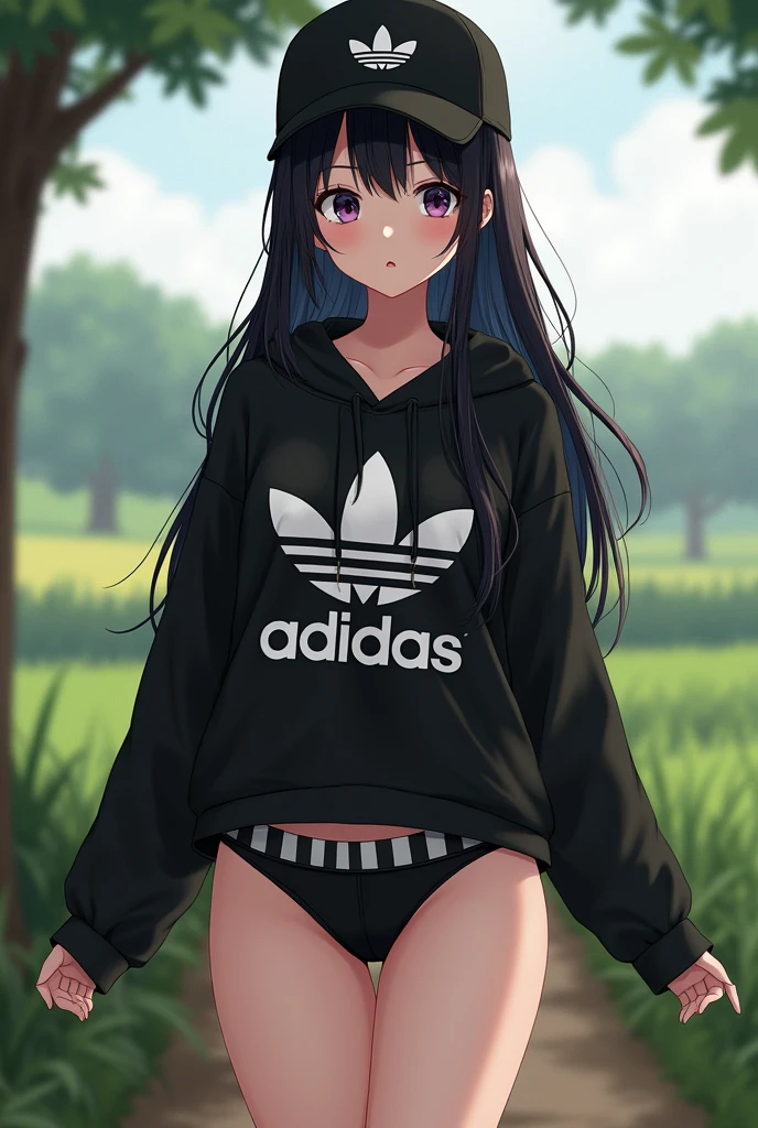 sexy anime girl, long black hair, wear black adidas striped slippers white and black, black eyes, barefoot, wear black adidas cap, wear black adidas hood, wear black adidas hot pants, background is farm