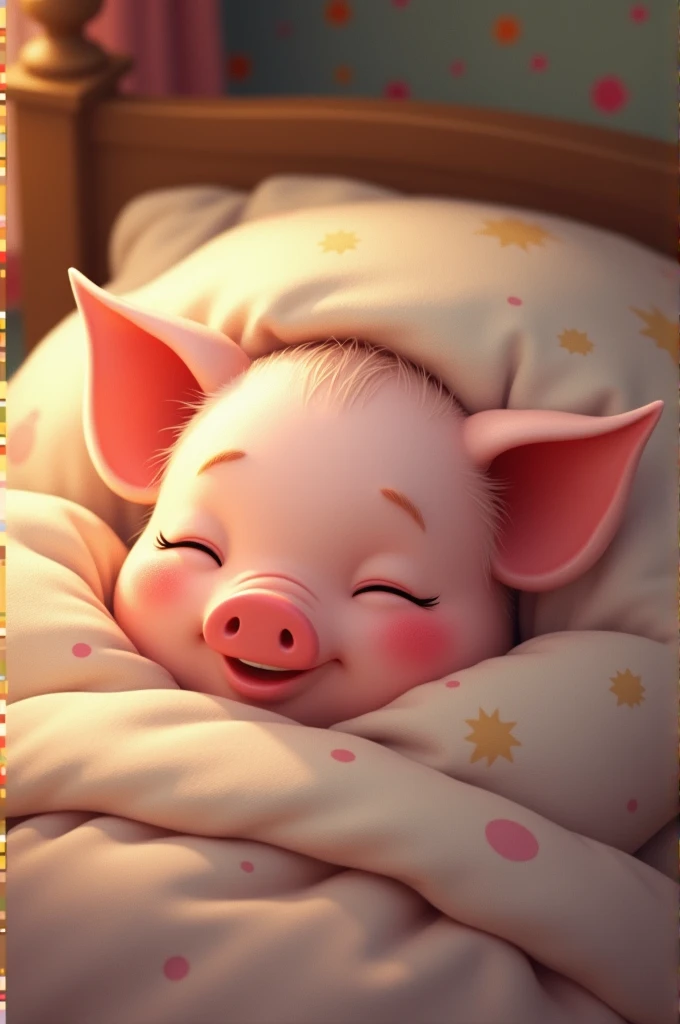 A pig sleeping in a bed covered and smiling