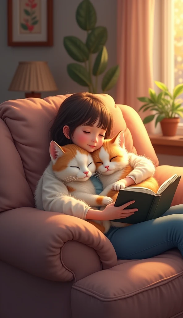 A scene of two cats gently snuggling up to their owner who is reading a book on the sofa, one by their side and the other at their feet. One cat, with a calm and serene expression, leans against the owner’s arm, while the other cat curls up at the owner’s feet. Both cats are nestled in different spots, sharing a warm and peaceful moment with their owner, creating a cozy and comforting scene.