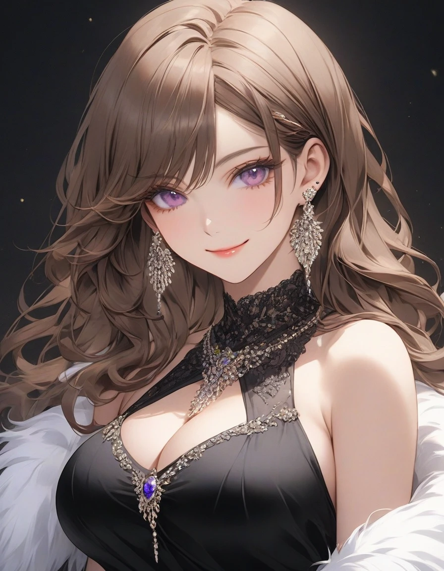 high resolution, Masterpiece, Anatomically correct, precise, qualityที่ดีที่สุด, quality, 1 woman, Age 25 years, long length hair, brown hair, purple eyes, Uneven hairstyles, big breasts, earring, Dark makeup, A thin smile., simple background, Close-up photography, decorations, Anime style, Wearing a black dress,luxurious,Wealth,millionaire,The body looks mature,เครื่องแต่งกายluxurious,fur coat, sexy.