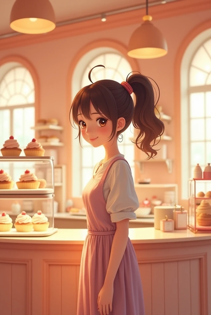 Pretty brunette girl with big eyes and ponytail hair in cute big Korean bakery with ocher and pink counters with cupcakes