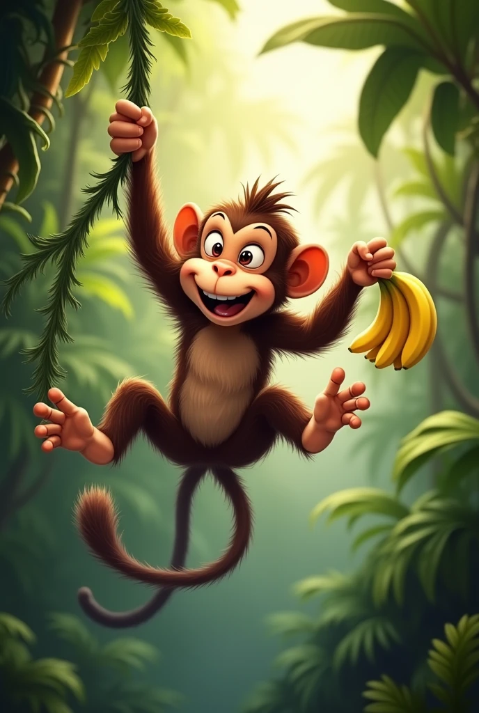Cheeky Monkey: A monkey swinging from a vine, with a mischievous grin and a banana in hand.