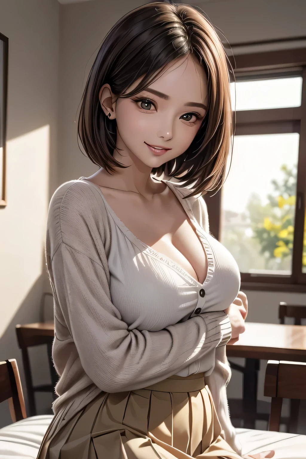 1 female, (Beautiful face with detailed shading), whole body, 40s, (Big Breasts), Brown eyes, (Pink Cardigan), Open cardigan, White camisole blouse, (Yellow pleated skirt), White Knee High, On the bed, (Tabletop)), ((Highest quality)), (Very detailedな), ((Charm)), ((Very detailed)), 4K, (8k), Highest quality, (beautiful), (((World Class Quality))), Very detailed, High resolution
