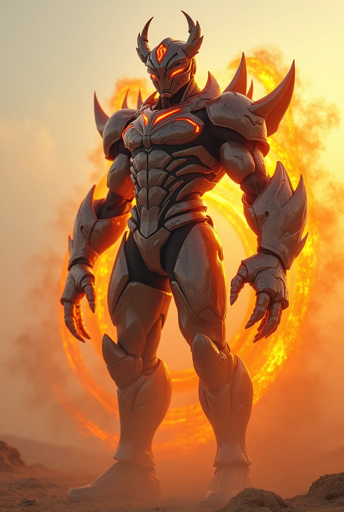 Create superhero with suit full body armour look alike kamen rider with scorpion element smoke effect background at desert lava effect on suit