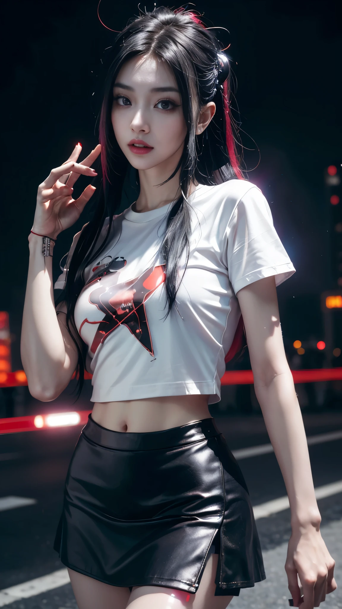 8k, UHD, masterpiece, 1 girl, ((good face)), very long hair, light makeup, (white skin:1.2), detailed eyes, small bust, simple cyberpunk clothing, ((red t-shirt)), ((mini skirt)), (cyberpunk lighting:1.4), (building roadside), light effect, light reflection, ((spreading lights)), cyberpunk, cybercity, futuristic, (night), ray tracing, bloom, perfect pose,