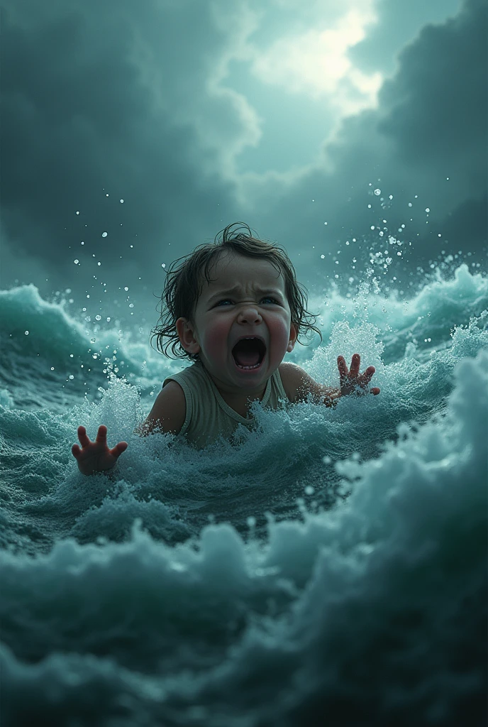 A child is drowning in water crying