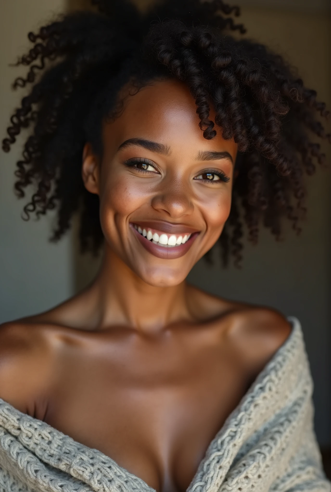 beautiful lady, light freckles, dark makeup, fair, big smile, hyper detailed photography, soft light, full head and shoulders portrait, blanket, curly afro hair tied back, in waistless dress