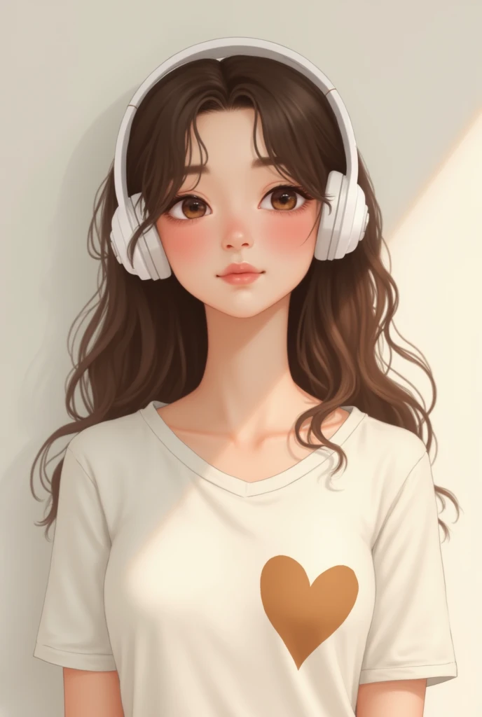 Create a soft girl with brown hair, a white headphone on her head, with a white top and a brown heart drawn on it.