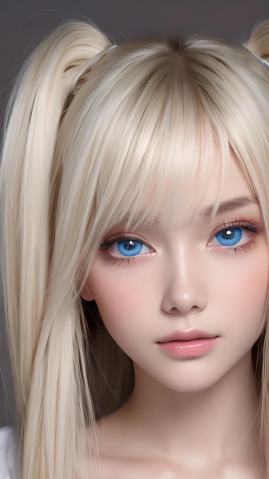 A perfectly beautiful face、Messy silky beautiful blonde hair、A beautiful 1 Scandinavian beauty、Very beautiful beautiful bright pale sky blue big eyes、Very long beautiful natural platinum blonde silky shiny hair、Long beautiful bangs、Very big eyes、Small Face Beauty、eyeliner、very white shiny skin、Gloss Face、Cheek gloss、Hair above the eyes、片Hair above the eyes、Hair between the eyes、