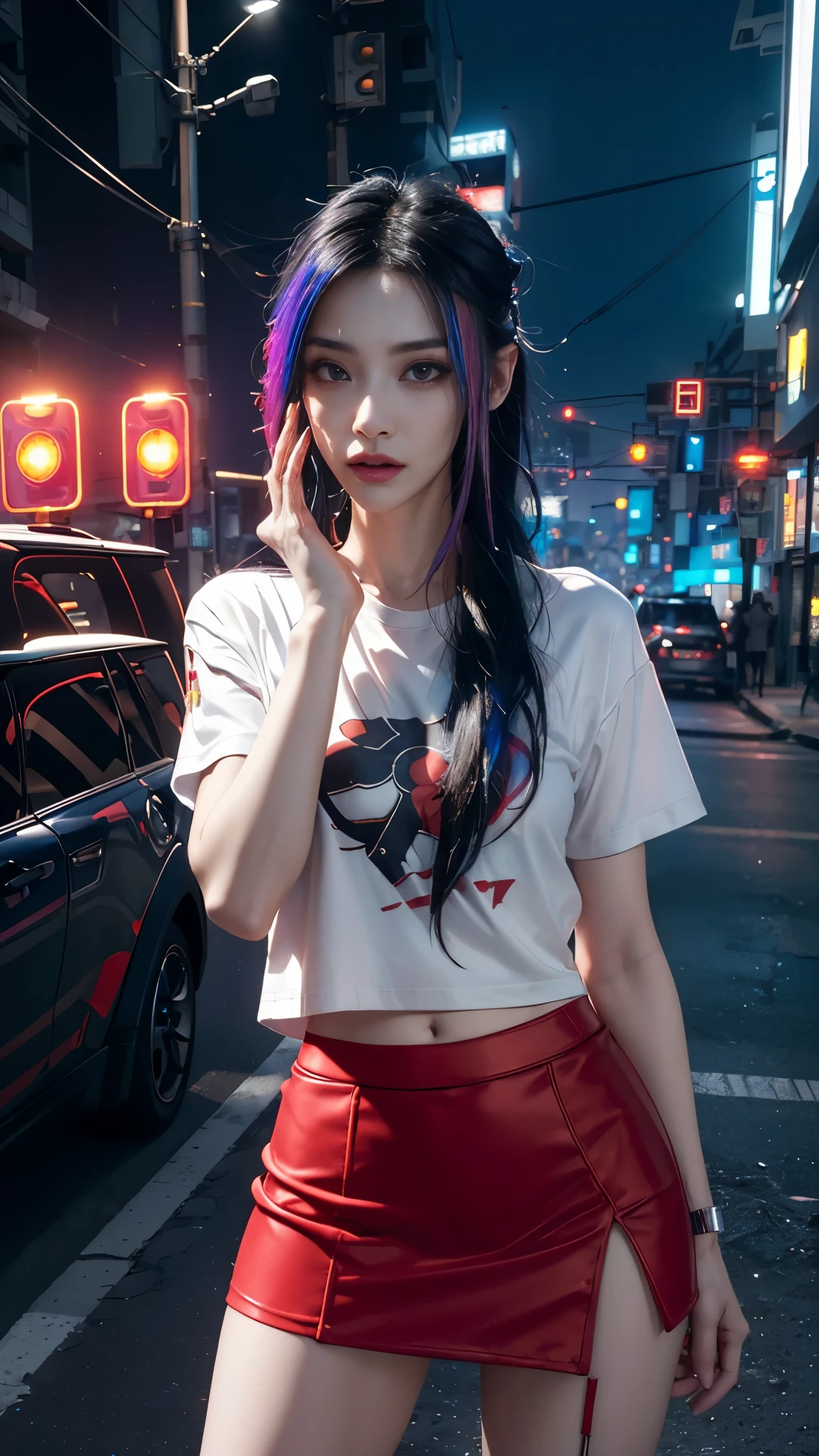 8k, UHD, masterpiece, 1 girl, ((good face)), very long hair, light makeup, (white skin:1.2), detailed eyes, small bust, simple cyberpunk clothing, ((red t-shirt)), ((mini skirt)), (cyberpunk lighting:1.4), (building roadside), light effect, light reflection, ((spreading lights)), cyberpunk, cybercity, futuristic, (night), ray tracing, bloom, perfect pose,