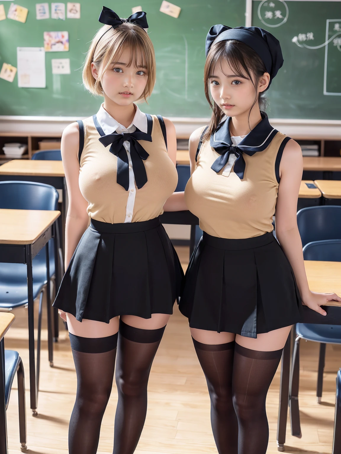 Great quality, 16K, (RAW Photos:1.4), Ultra-high resolution, ((Composition away from the subject)), ((顔から足首までのFull body photo)), ((Perfect Anatomy)), 2 women, , (Please take a picture from the front.), First Person View, Anatomically correct, Super Detail, (8k), Very detailed, Golden Ratio, (二人の背の低い日本のPrimary school students) , (F Cup Big:1.7), (Huge breasts:1.4), Cleavage, (Two Sisters), (Full body photo), ((The uniform consists of a navy blue sleeveless shirt with a red ribbon and a beige tight miniskirt.)), Detailed skin, Glowing Skin, , double eyelid, eyes with long eyelashes, Small face, Three Sisters, (Full body photo), (Super cute smiling face), blonde, short hair, hair band, Glare, Blushing, Verbal invitation, Feeling embarrassed, Overlooking here, Please stand in the center of the classroom., Stretch your back, The room is bright, (Gorgeous black tights), Brown high heels, Beautiful Hairstyles, The black tights accentuate the legs., Keep your hands on your hips, Stand with your feet shoulder-width apart), Simple uniforms, The sisters wear the same uniform, Sleeveless uniforms, ((thick and long legs)), (Very wide thighs:1.6), (Very long legs:1.4), (I always wear black tights), (The tight mini skirt is beige, that'It's so short that you can see her black panties), (Oily shiny black tights) , (Wearing high heels), (Very wide thighs), (Plump legs), (They always wear black tights..), Street Snap,(The skirt is very short), (Very long legs), (Very wide thighs), (Plump legs), (She always wears black tights...), (Oily shiny black tights), (Wearing high heels), (Erect nipples:1.3)、(Young face:1.3)、(Primary school students:1.3)、(Short:1.3)