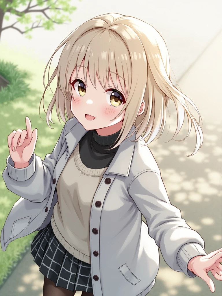 1girl, smile, solo, smile, light blonde hair, white hairstreaks, casual clothing, turtleneck, flannel tucked into a skirt, black see through thighs, outside, day, sunny day, tree, green grass