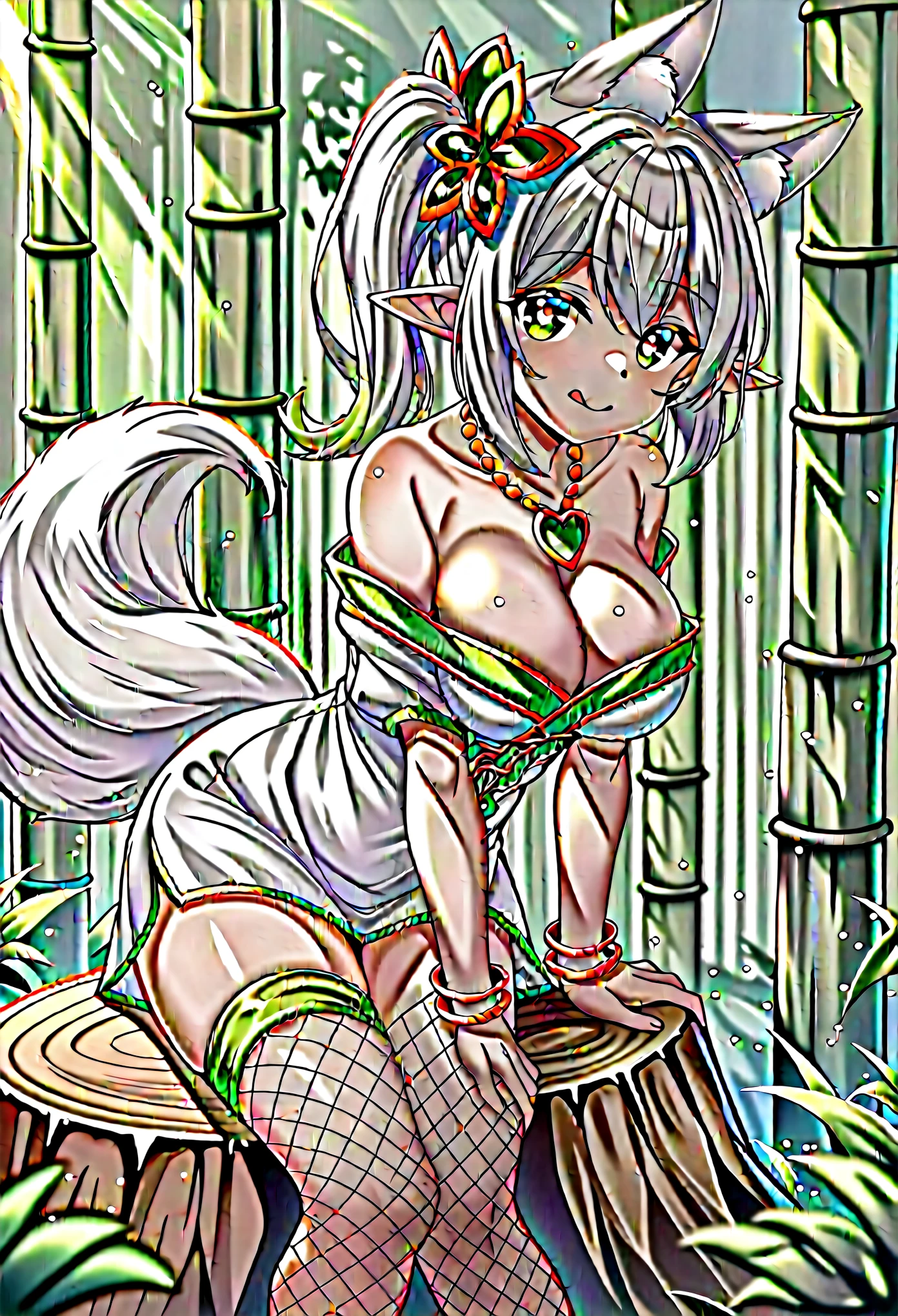 score_9, score_8_up, score_7_up, score_6_up, score_5_up, score_4_up, source_anime, uncensored, zPDXLxxx, intricate_Details_xl, outdoors, sunlight, sunbeam, bamboo forest, depth of field,
nahida, 1girl, Alone, green eyes, dress, white dress, pointy ears, cross-shaped pupils, + +, side ponytail, long hair, white hair, Multicolored Hair, hair ornament, looking at viewer, leaning forward, puff of air, hand on own knee, straight-on, sitting on tree stump, tongue out, closed mouth high quality, 8k ultra hd, nahida tóc dài, very big breasts, fox ears and tail, crowned and wreathed head, two side hair bow, wear necklace, bracelet hand, thigh strap, fishnet stockings, is wearing a unique outfit styled with an off-shoulder design and inspired by traditional Chinese costume.The character's costume is made of soft material., Smooth with intricate embroidery and delicate lace details. The costume is a combination of modern and traditional style., with a tight bodice and a flowing skirt that elegantly falls to the floor.