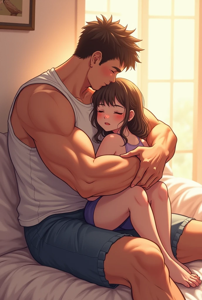 A pretty girl sitting with a boy but the boy only has a big arm full of muscles that are hugging each other