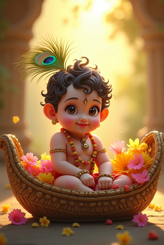 In a serene, sunlit scene, a  Lord Krishna sits in a cradle adorned with vibrant, fragrant flowers. A peacock feather graces his head, adding a touch of regal charm. His eyes, wide and sparkling with divine mischief, reflect a profound joy, while a gentle, blissful smile plays on his lips. The combination of the peacock feather and the floral cradle creates a picture of ethereal beauty and grace.