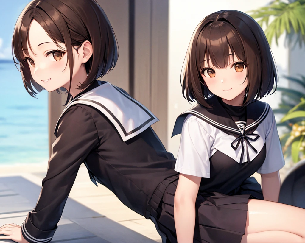 (Brown hair, brown eyes, black sailor uniform), bob hair, cute, looking happy, one girl, summer