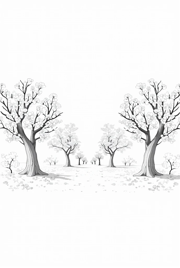 Create a black and white coloring page of a cherry blossom garden 
