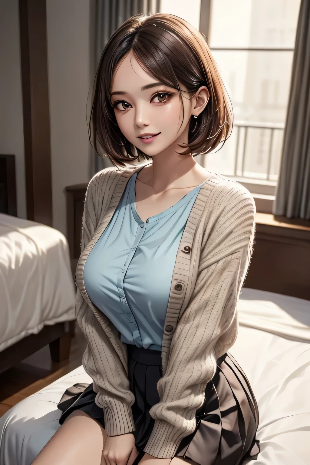 1 female, (Beautiful face with detailed shading), whole body, 40s, (Big Breasts), Brown eyes, (Pink Cardigan), Open cardigan, White camisole blouse, (Yellow pleated skirt), White Knee High, On the bed, (Tabletop)), ((Highest quality)), (Very detailedな), ((Charm)), ((Very detailed)), 4K, (8k), Highest quality, (beautiful), (((World Class Quality))), Very detailed, High resolution