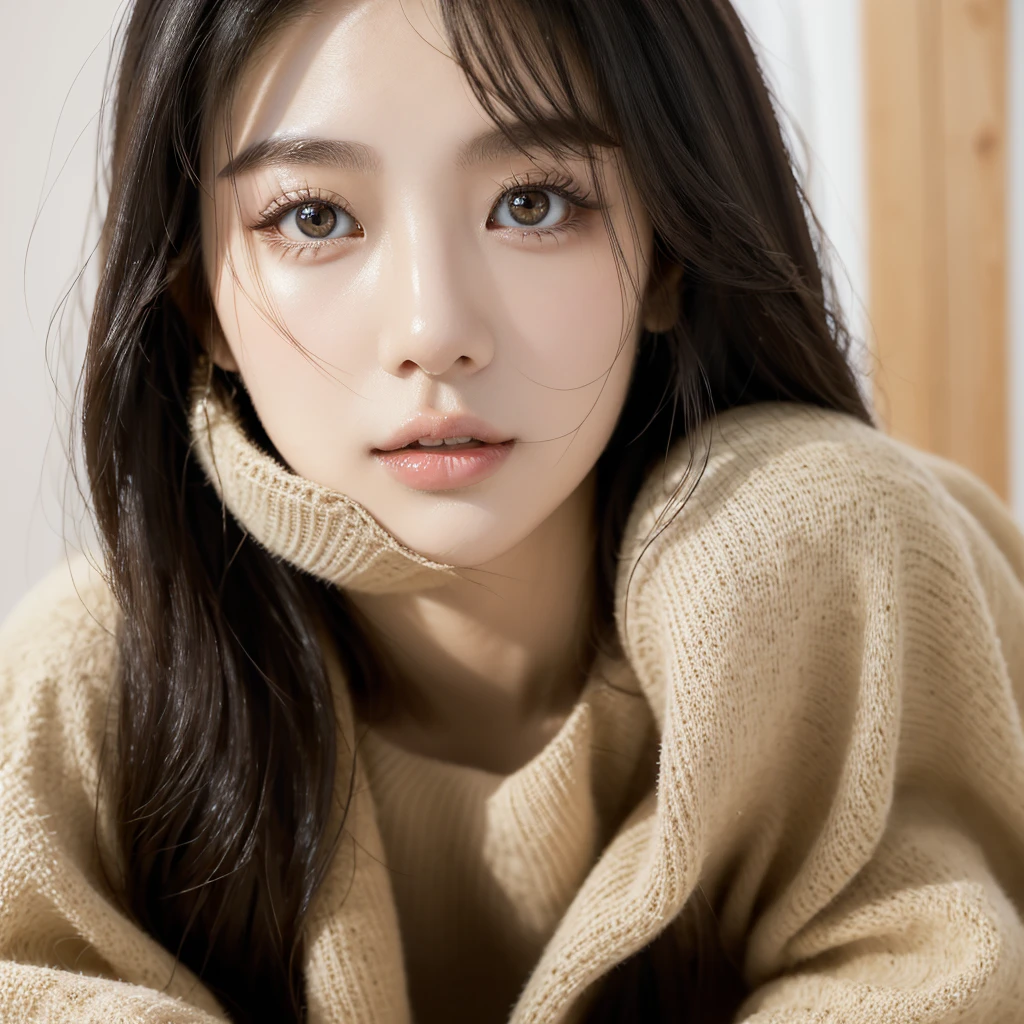 a close up of a adult woman(around 25-40 years of age) with long hair and a sweater, popular korean makeup, inspired by Wang Wu, clean clear face, white color, blank, cover shot, may, good young girl, wet make - up, looking her shoulder, fair-skinned Korean adult woman with a smooth. a close up of a woman with long hair and a sweater, popular korean makeup, inspired by Wang Wu, clean clear face, white color, blank, cover shot, may, good young girl, wet make - up, looking her shoulder. She has large, round deep brown or soft hazel eyes with a gentle shape, framed by long, delicate lashes and softly arched, naturally shaped thin eyebrows. Her small, delicate nose has a subtle upward curve at the tip, and her lips are soft pink with a slight cupid’s bow, often slightly parted with a hint of gloss. She has medium to long, straight black hair with a natural shine, typically worn with a straight fringe. Her expression is a soft, gentle smile that radiates warmth and innocence, with a hint of playful charm. Kee it more realistic and more human like.