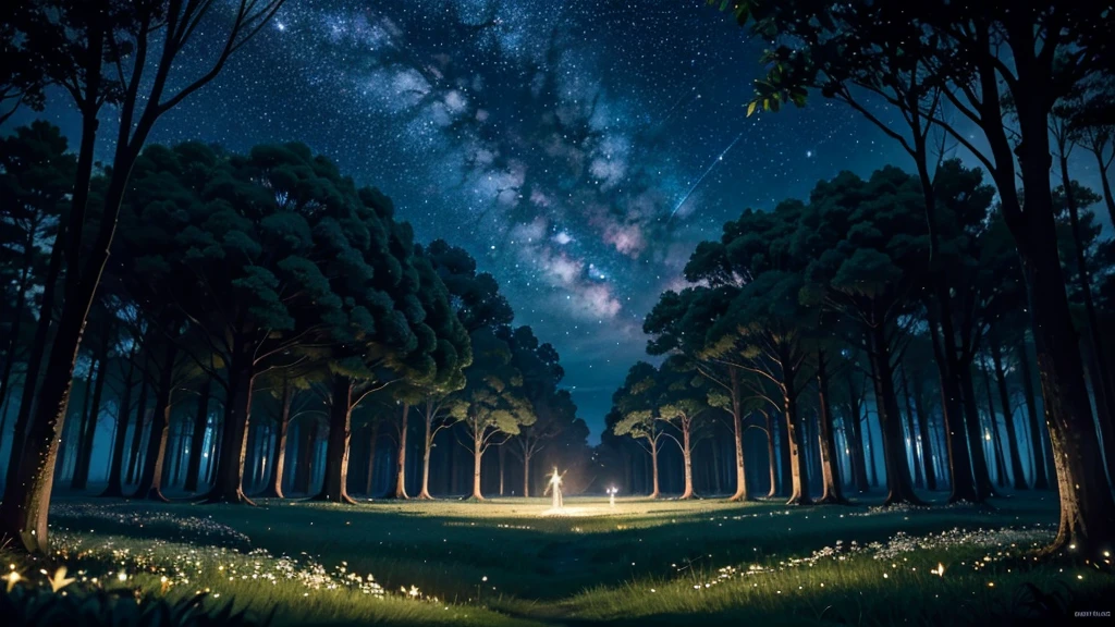 Moonlit Angelic Forest, A mystical forest on the outskirts of the angelic city, bathed in the light of a full moon. The trees are tall and ancient, with silver leaves that shimmer in the moonlight. A soft mist floats above the ground, and delicate, glowing flowers bloom in the shadows. Angels with translucent wings fly among the trees, their silhouettes barely visible against the starry night sky, Dynamic pose, Strong contrast, Good depth of field, 8K wallpaper, Masterpiece, Aesthetic illustration in realistic style, best quality, natural light, high res, highly detailed, All the colors and materials in this work are very harmoniously combined, bioluminescent flora