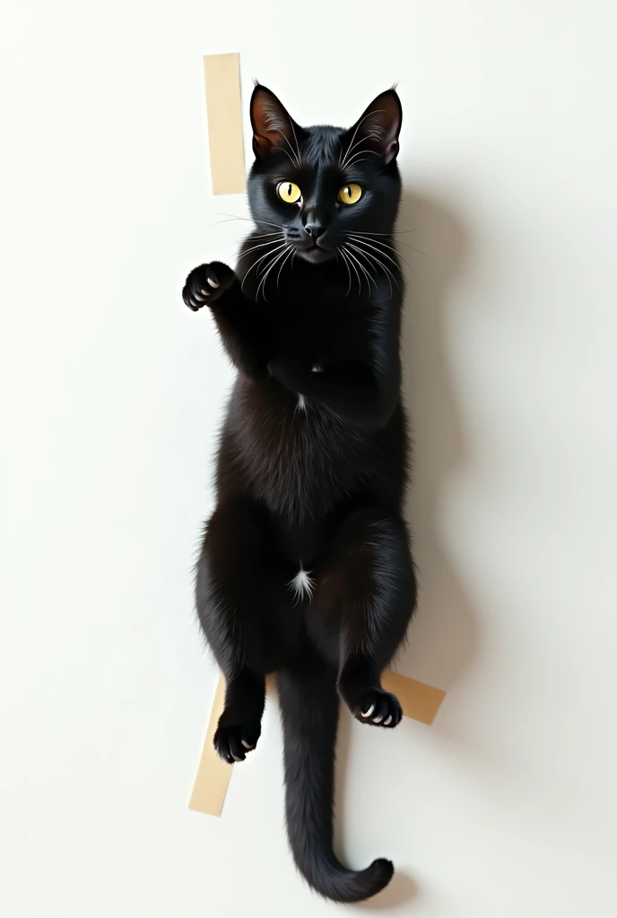 A black cat taped to the wall