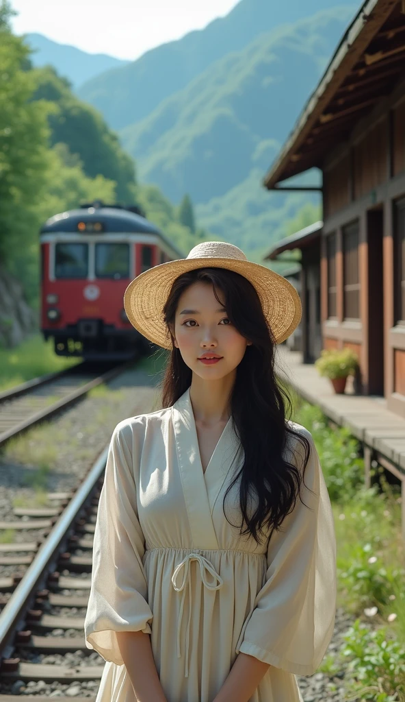 1girl, 1 girl, solo, (realistic:2.0), (real photo:2.0), masterpiece, best quality, natural skin texture, asian girl, photo realistic,
A Japanese beauty, dress, translucent woven straw hat , light smile, mountain, (old train station:1.2), (rust marks:1.2), cave, train, railroad tracks, looking at the viewer, backlit, full body shot