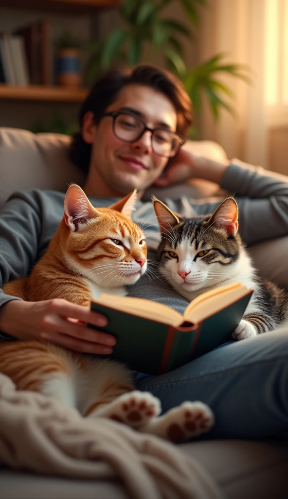 A scene of two cats gently snuggling up to their owner who is reading a book on the sofa, one by their side and the other at their feet. One cat, with a calm and serene expression, leans against the owner’s arm, while the other cat curls up at the owner’s feet. Both cats are nestled in different spots, sharing a warm and peaceful moment with their owner, creating a cozy and comforting scene.8k