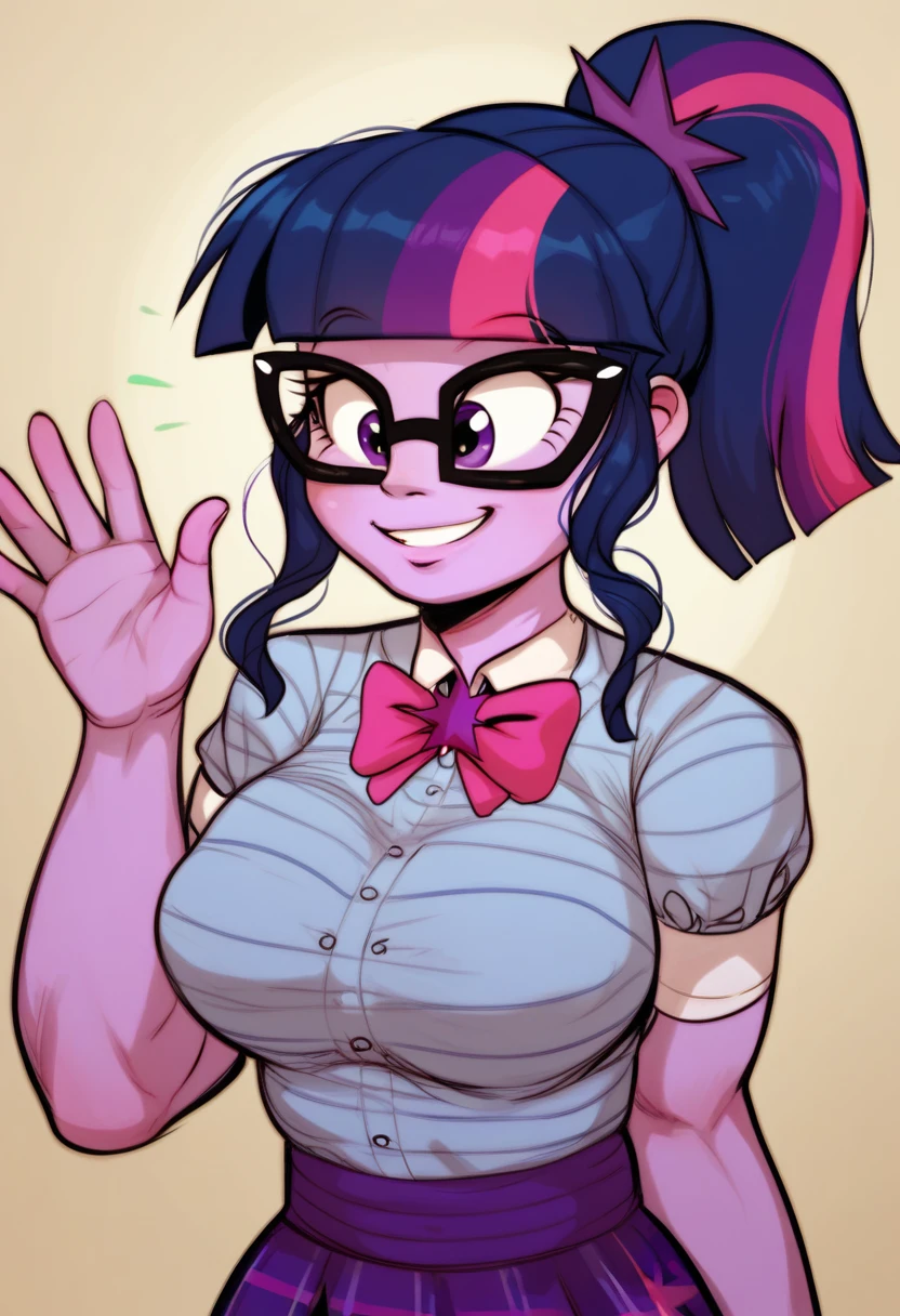 score_9, score_8_up, score_7_up BREAK sci-twi, twilight sparkle, human, equestria girls, g4, breasts, busty sci-twi, busty twilight sparkle, curvy, cute, female, hourglass figure, ponytail, smiling, solo, twiabetes, waving, thepark, zPDXLxxx