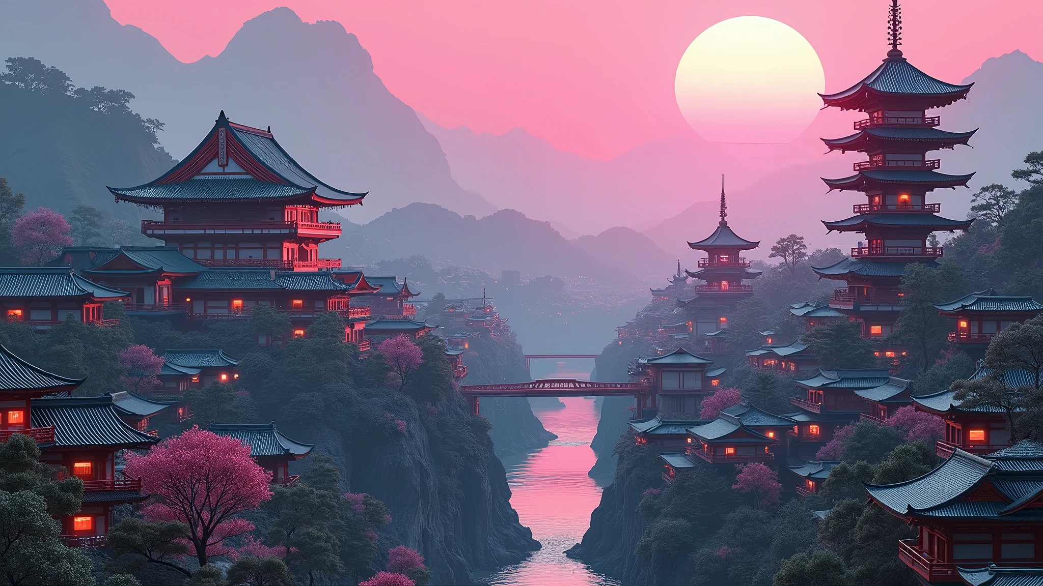 There are many houses winding and stretching, 3D rendering style, Cyberpunk Japanese Temple, Anime Landscape Concept Art, Draw as game concept art, Japanese 3D 8K Ultra Detailed, Stylized 3d rendering, Japanese house, 日本Art style, Pagoda Figures, 3D rendering of beeple, stylized concept art ,An elven village built on a tree on the side of a sacred mountain, (best quality,4K,8K,high resolution,masterpiece:1.2), Extremely detailed, Practical:1.37, HDR, Ultra HD, Studio Lighting, Extremely detailed的描述, professional, Bright colors, Bokeh, portrait, landscape, (Art style: Wu Guanzhong), Vivid and dynamic colors, Soft lighting.