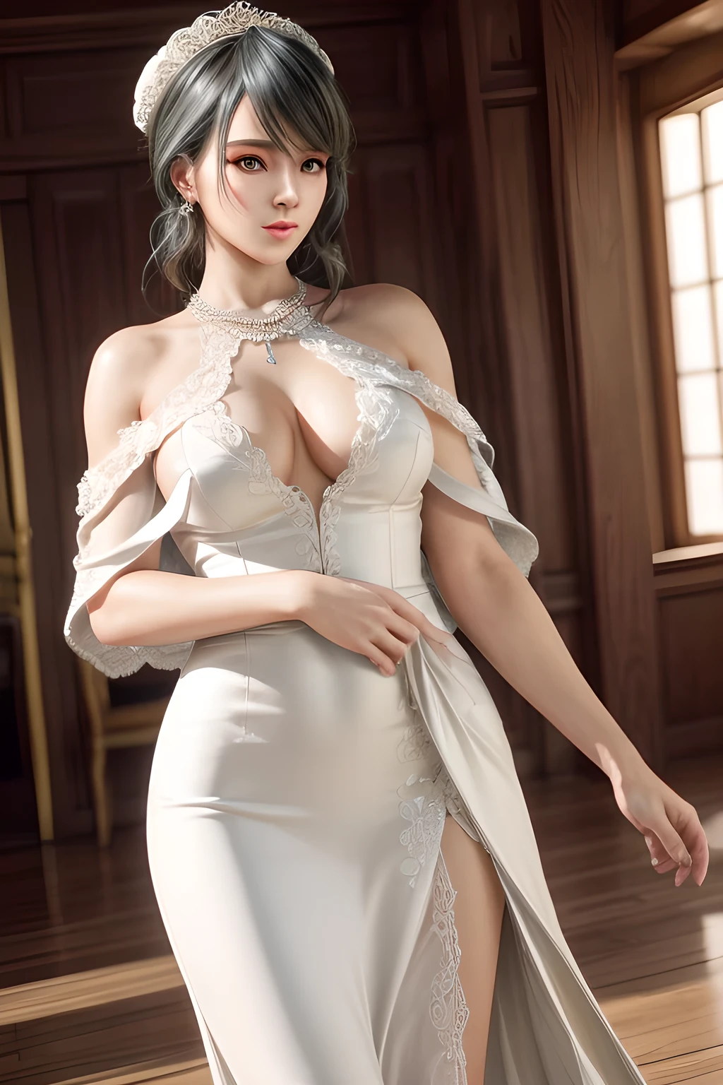 A lady with extraordinary temperament, she stands in a modern indoor space, as if she is a model from a fashion magazine. She is wearing a (pure white long fur cape), the softness and luster of which makes her look more noble under the light, and complements her (beige dress) underneath, showing her gentle temperament while maintaining a sense of fashion. The style of the dress is simple and generous, a perfect match, and it lengthens her figure, making her tall and charming. The lady's makeup is delicate and elegant, which just highlights her facial features and makes people unforgettable at first sight. Although the earrings and necklace she wears are not ostentatious, they add a bit of sophistication and nobility to her overall look. Her hair is casually draped over her shoulders, and every strand of hair exudes a natural luster,, (best quality,8k,highres,masterpiece:1.2),ultra-detailed,(realistic,photorealistic,photo-realistic:1.37),studio lighting,ultra-fine painting,sharp focus,physically-based rendering,extreme detail description,professional,vivid colors