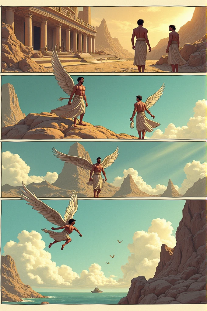 Exposition 

— The story introduces Daedalus, a skilled inventor and craftsman who lives in Athens but later moves to Crete, where he works for King Minos and also introduce his son named Icarus. Daedalus is responsible for creating several famous inventions, including the Labyrinth, which was designed to imprison the Minotaur on the island of Crete.. 

Rising Action 

— Daedalus, realizing that escape by land or sea is impossible due to Minos's control, devises a plan to escape by air. He constructs wings made of feathers and wax for himself and Icarus. Before they take flight, Daedalus warns Icarus to avoid flying too close to the sun, as the heat will melt the wax, or too close to the sea, as the moisture will weigh down the wings. 

Climax

— Despite Daedalus’s warnings, Icarus, exhilarated by the freedom of flight, flies too close to the sun. The wax holding his wings together melts, causing the feathers to fall off. Unable to fly anymore, Icarus plummets into the sea and drowns.

Falling action 

— Daedalus watches in helpless sorrow as his son falls to his death. He laments the loss of Icarus and flies on alone. He names the sea where Icarus fell the Icarian Sea in his son’s memory.

Resolution 

—Daedalus reaches the island of Sicily where he seeks refuge. He builds a temple to Apollo, dedicating his wings to the god as a vow never to fly again. Meanwhile, King Minos continues to pursue Daedalus but is eventually killed by King Cocalus’s daughters, allowing Daedalus to live out his life in peace.

This is the plot of the story Deadalus and Icarus, can you show me a picture of a comic strip of it with five panels only.