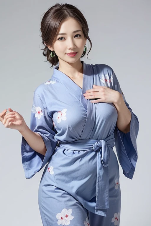 Full nudity,Gray background、(Blue Eye Shadow)、Red lipstick、(Sexy look)、Thighs、Pointy nipples、Hair is disheveled by the wind、pubic hair、濃いpubic hair、Large Breasts、Red earrings、smile、yukata、
White yukata、