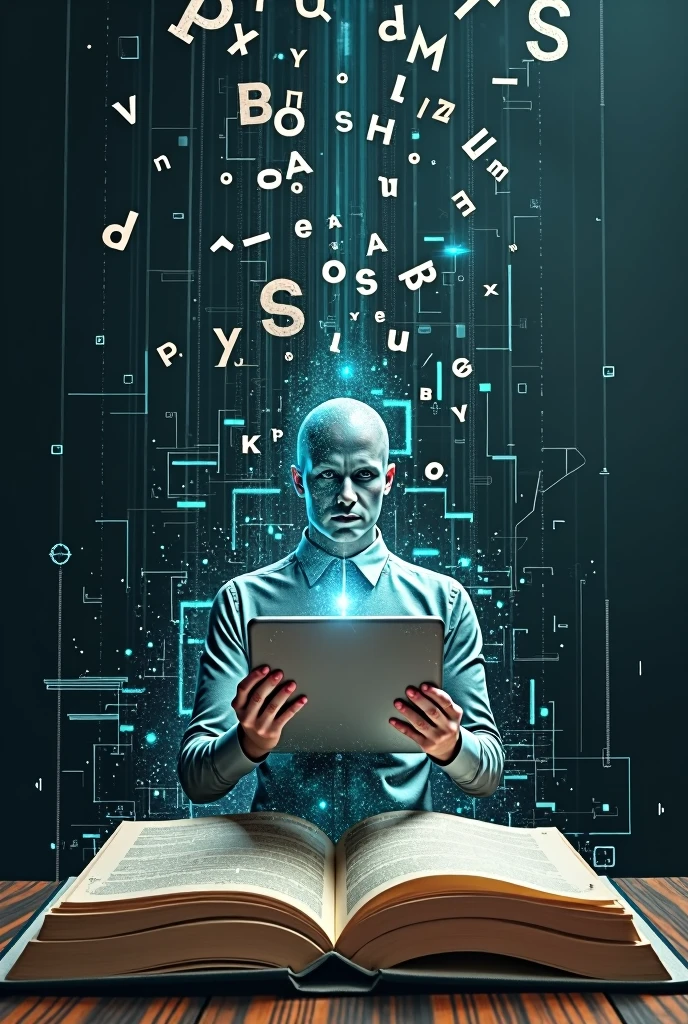 Simply a complex image with great meaning, letters falling on a computer keyboard digital on top of a book , technical man laptop on hand