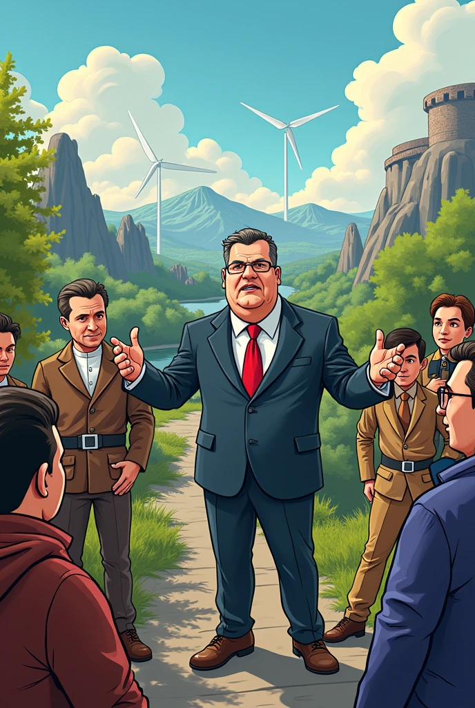 Let's create a cartoon about a historical park in Bulgaria, where the boss has an obsession with grandeur and his subordinates are ready to die for him, regardless of the fact that he manipulates them financially by taking their money, lying to them about how wind turbines are danger and they will kill the population and nature