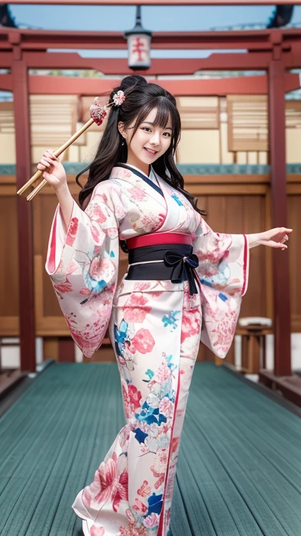 (SeaArt creates stunning illustrations of beautiful women in kimono)、Vividly colored Japanese Ukiyo-e style illustrations、A beautiful woman smiles and shows her upper white teeth、Brown-black long hair、Beautiful full body style、If you want to dance, let's dance, Tokyo Ondo, Yoi Yoi、Beautiful new digital paintings,、Bright vibrant digital anime art、 Beautiful anime portraits、background,Torii gate front of Japanese shrine、 Detailed digital anime art、