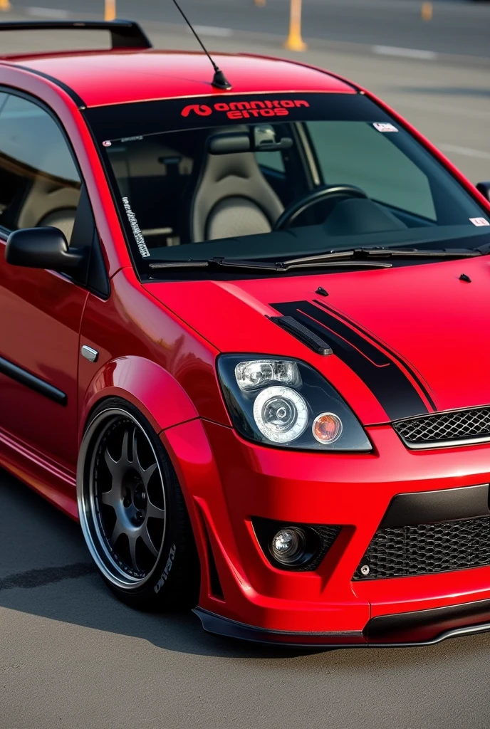 ford fiesta power 2004 red color , Original factory bodywork without body kit or skirts , with black racing lines drawn from the hood to the trunk, con spoiler, custom rims, full size image