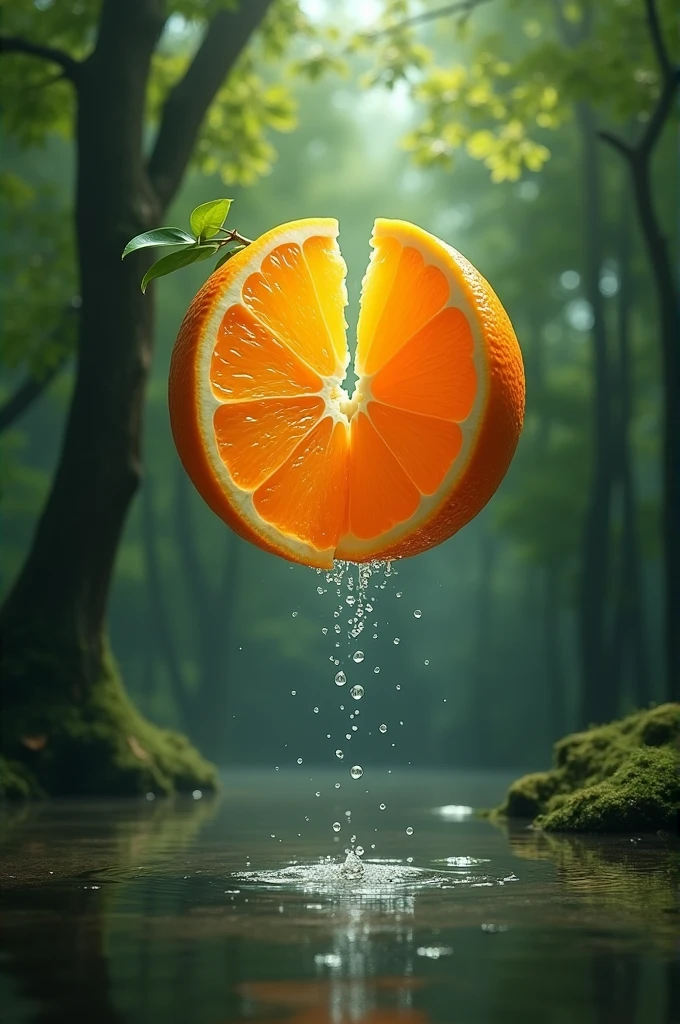 Orange in the forest cut in half, dripping drops of water