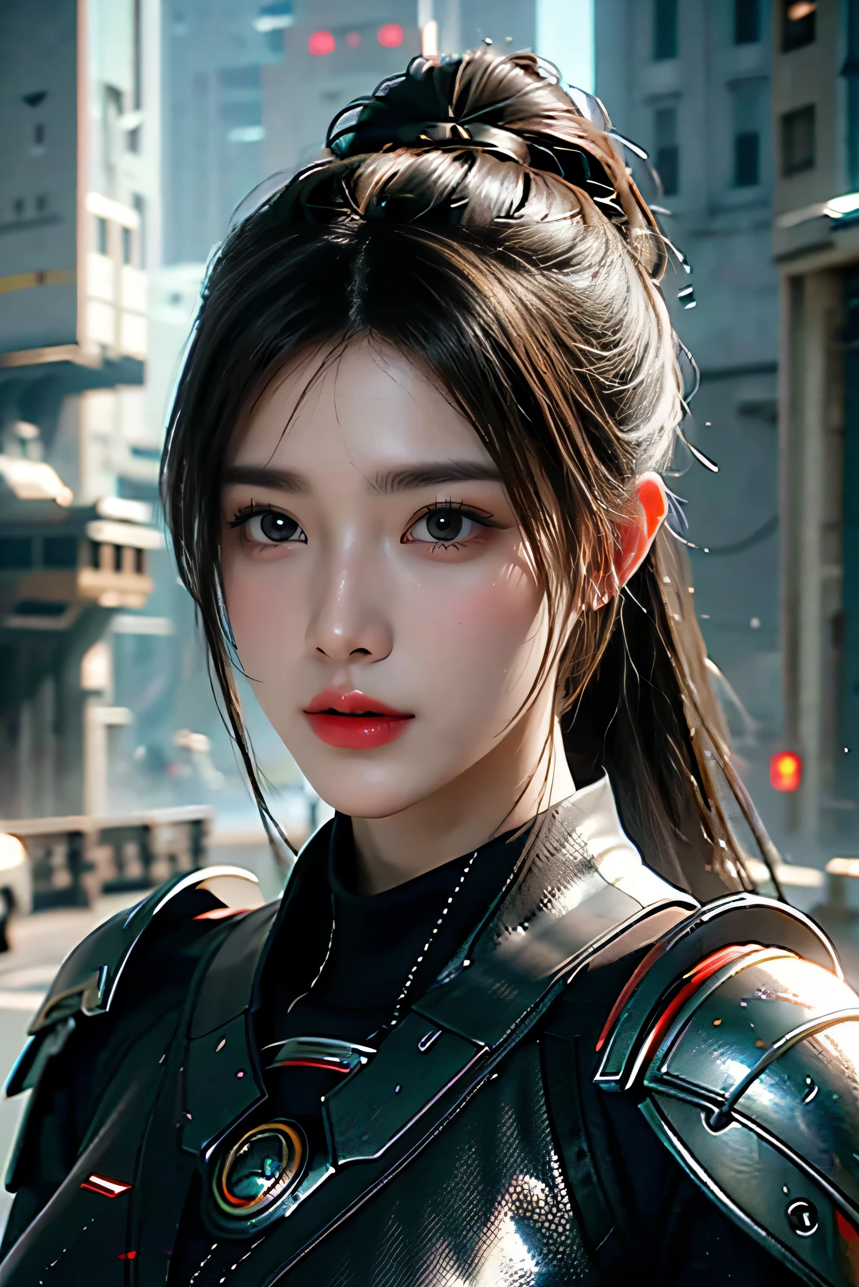 Game art,The best picture quality,Highest resolution,8k,((A bust photograph)),((Portrait)),(Rule of thirds),Unreal Engine 5 rendering works, (The Girl of the Future),(Female Warrior),2 girl,(Hair random),(Future-style military wear,A beautiful eye full of detail),(Big breasts),(Eye shadow),Elegant and charming,Smile,(frown),(Clothes full of futuristic sci-fi style,Sweater,A delicate pattern,Glittering jewels,Armor,White and red),Cyberpunk Characters,Future Style, Photo poses,Street background,Movie lights,Ray tracing,Game CG,((3D Unreal Engine)),oc rendering reflection pattern