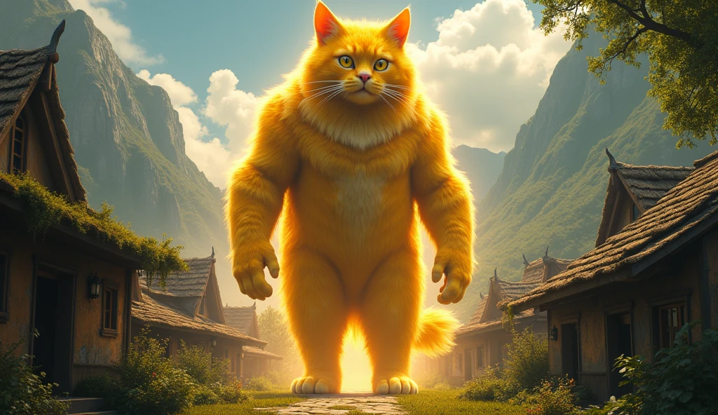 a yellow cat, 1 meter tall, mystical creature, fierce glowing eyes, small village background, mythical world, (best quality,4k,8k,highres,masterpiece:1.2),ultra-detailed,(realistic,photorealistic,photo-realistic:1.37),hyper realistic,intricate details,dramatic lighting,vibrant colors,cinematic composition