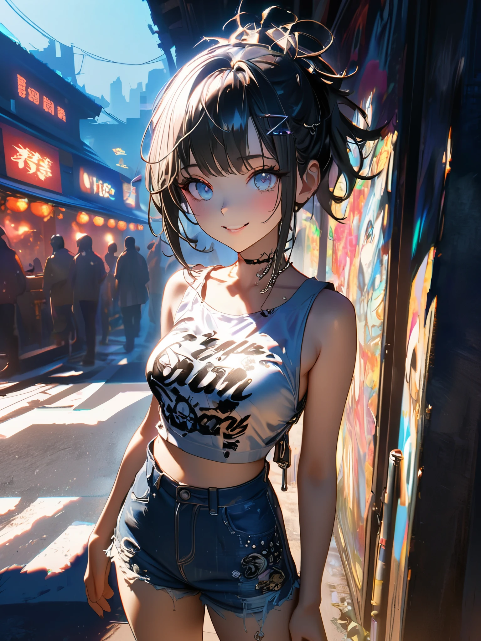 1 person, chromatic aberration, Written boundary depth, Soft Light, masterpiece, Highest quality, complicated, Tone Mapping, A place where fireworks are set off at festivals. Concept Art, Smooth, Clear focus, Dramatic lighting, Very cinematic, super practical painting, アートステーション's trending, 8k, Incredible Shadows, practical, whole body, View, Viewers, Portrait of a Girl 1, standing on street corner, Heavy rain and lightning、Dark Sky, neon and cyber punk background, she is dressed in punk clothing with silver chains and silver spikes, sheの髪は明るい茶色に染められていた.......................Ominous aura of light, smile, punk, ciber punk, Backlight.Fashionable clothes、Friendly dress code: she、sheは、I'm wearing a cute blue denim sleeveless top with an open back and denim shorts.。.。...My breasts are a little big.