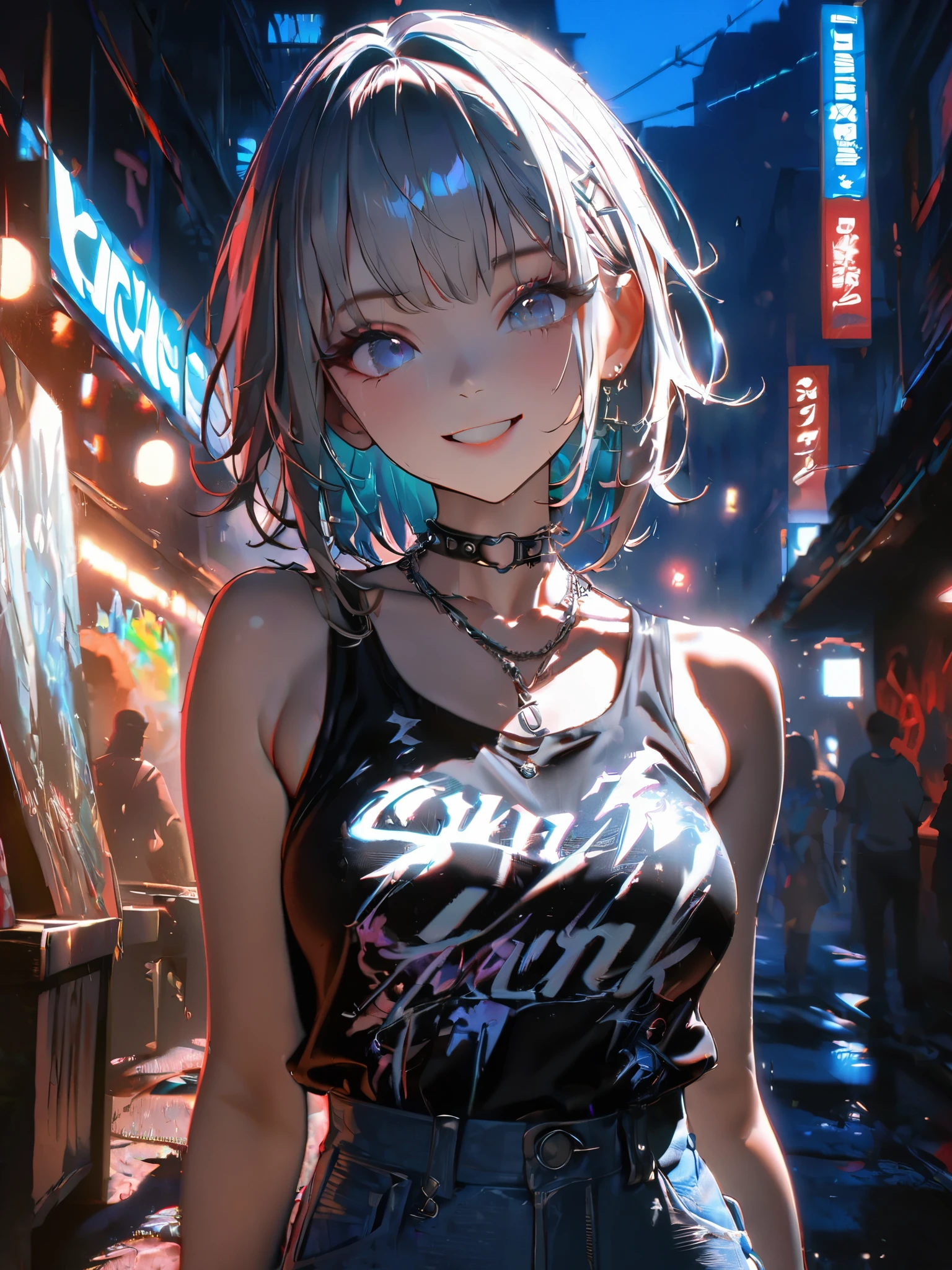1 person, chromatic aberration, Written boundary depth, Soft Light, masterpiece, Highest quality, complicated, Tone Mapping, A place where fireworks are set off at festivals. Concept Art, Smooth, Clear focus, Dramatic lighting, Very cinematic, super practical painting, アートステーション's trending, 8k, Incredible Shadows, practical, whole body, View, Viewers, Portrait of a Girl 1, standing on street corner, Heavy rain and lightning、Dark Sky, neon and cyber punk background, she is dressed in punk clothing with silver chains and silver spikes, sheの髪は明るい茶色に染められていた.......................Ominous aura of light, smile, punk, ciber punk, Backlight.Fashionable clothes、Friendly dress code: she、sheは、I'm wearing a cute blue denim sleeveless top with an open back and denim shorts.。.。...My breasts are a little big.
