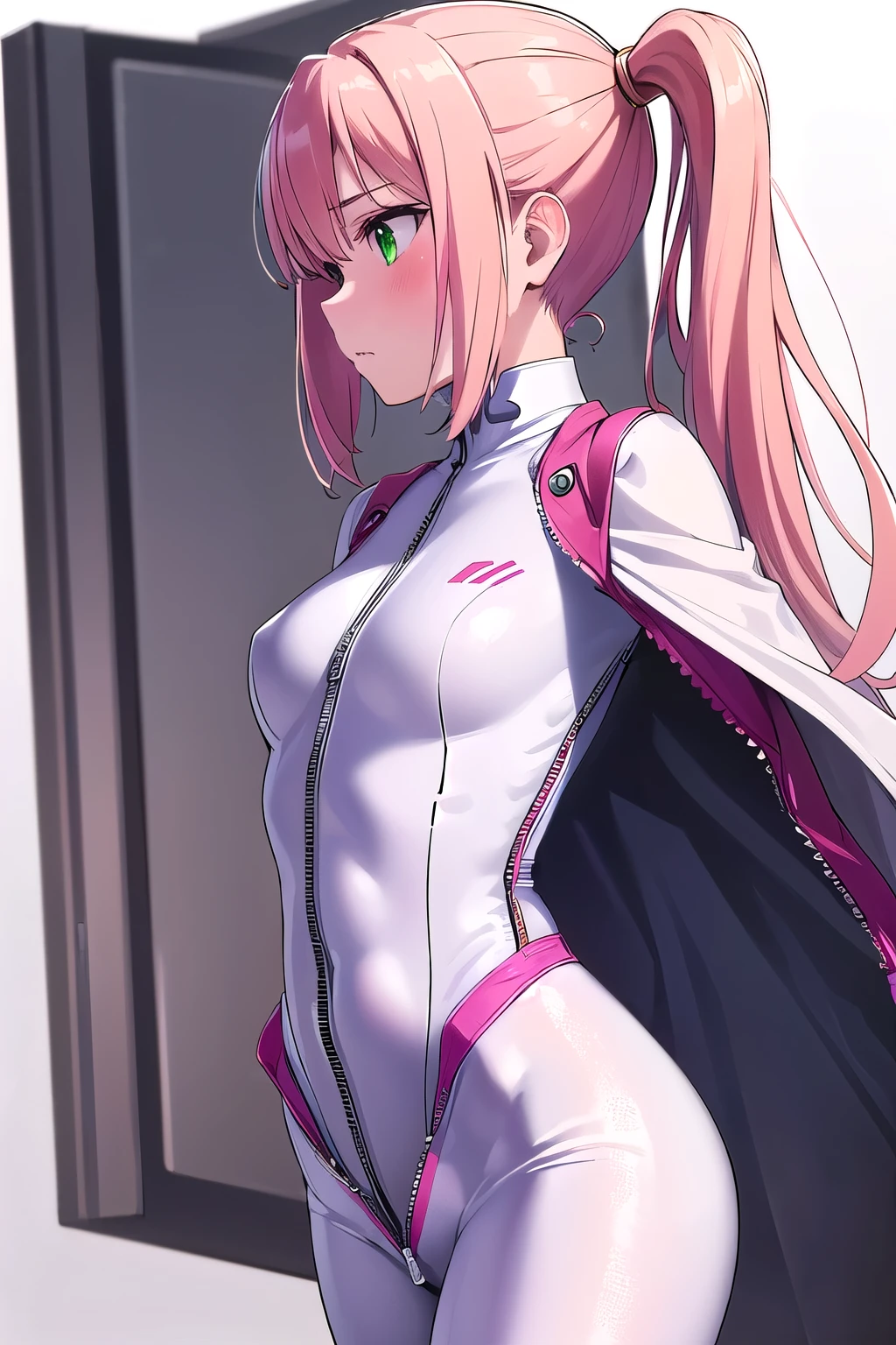 1girl,Samus aran,solo,green eyes, pink hair, forehead   hair, white zero suit,white body suit,purple stripes,cowboy shot,blush,,Science fiction,ultra-detailed,sharp focus,aesthetic,(best quality), white background, (unzip and take off bodysuit:1.5)