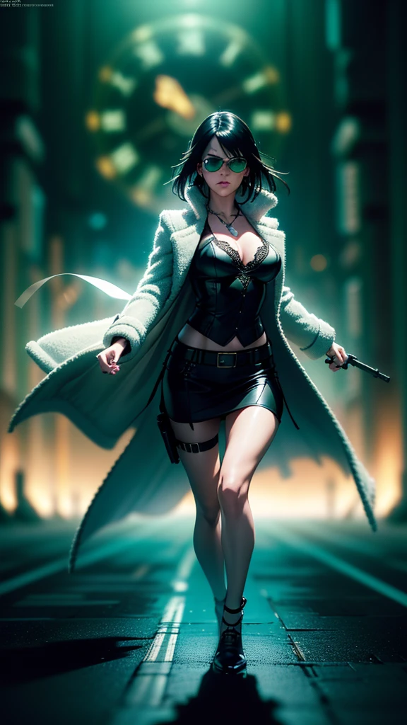 cyberpunk-style city with a nocturnal vibe with Matrix-like aesthetic references, glowing huge clock tower as time machine, green glowing cascading code. At night, (1girl, solo, alone), photorealistic, medium-breast slim:0.6 body, oval:0.5 face, cleavage:1.1, sexy black laced bra, miniskirt, white laced panty, coat, (black micro sunglasses), (aiming with a short gun), (slightly leaning forward running pose), ((half-body thigh level medium shot)), cinematic lighting, ray tracing, radial zoom blurred background.