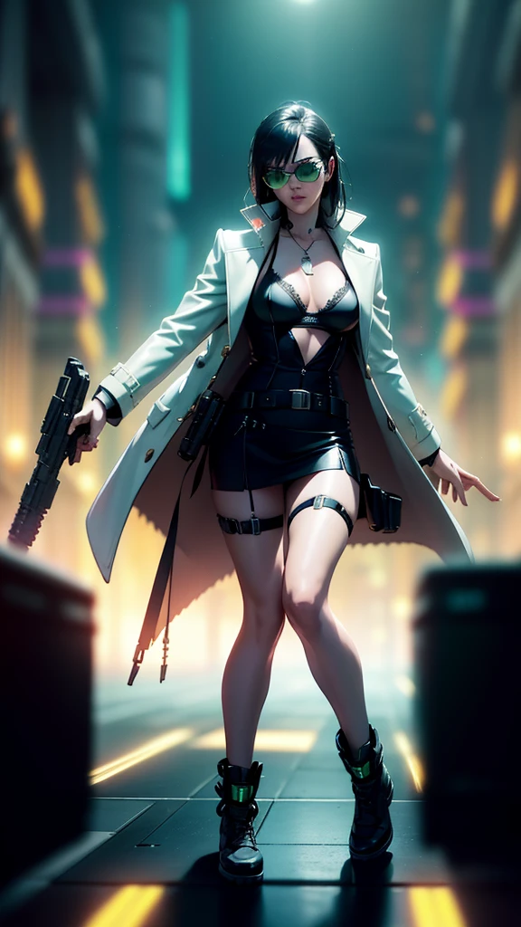 cyberpunk-style city with a nocturnal vibe with Matrix-like aesthetic references, glowing huge clock tower as time machine, green glowing cascading code. At night, (1girl, solo, alone), photorealistic, medium-breast slim:0.6 body, oval:0.5 face, cleavage:1.1, sexy black laced bra, miniskirt, white laced panty, coat, (black micro sunglasses), (aiming with a short gun), (slightly leaning forward running pose), ((half-body thigh level medium shot)), cinematic lighting, ray tracing, radial zoom blurred background.