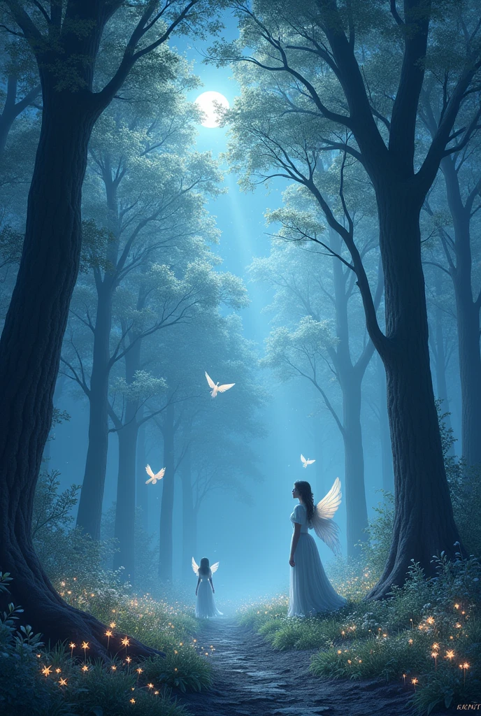 Moonlit Angelic Forest, A mystical forest on the outskirts of the angelic city, bathed in the light of a full moon. The trees are tall and ancient, with silver leaves that shimmer in the moonlight. A soft mist floats above the ground, and delicate, glowing flowers bloom in the shadows. Angels with translucent wings fly among the trees, their silhouettes barely visible against the starry night sky, Dynamic pose, Strong contrast, Good depth of field, 8K wallpaper, Masterpiece, Aesthetic illustration in realistic style, best quality, natural light, high res, highly detailed, All the colors and materials in this work are very harmoniously combined, bioluminescent flora