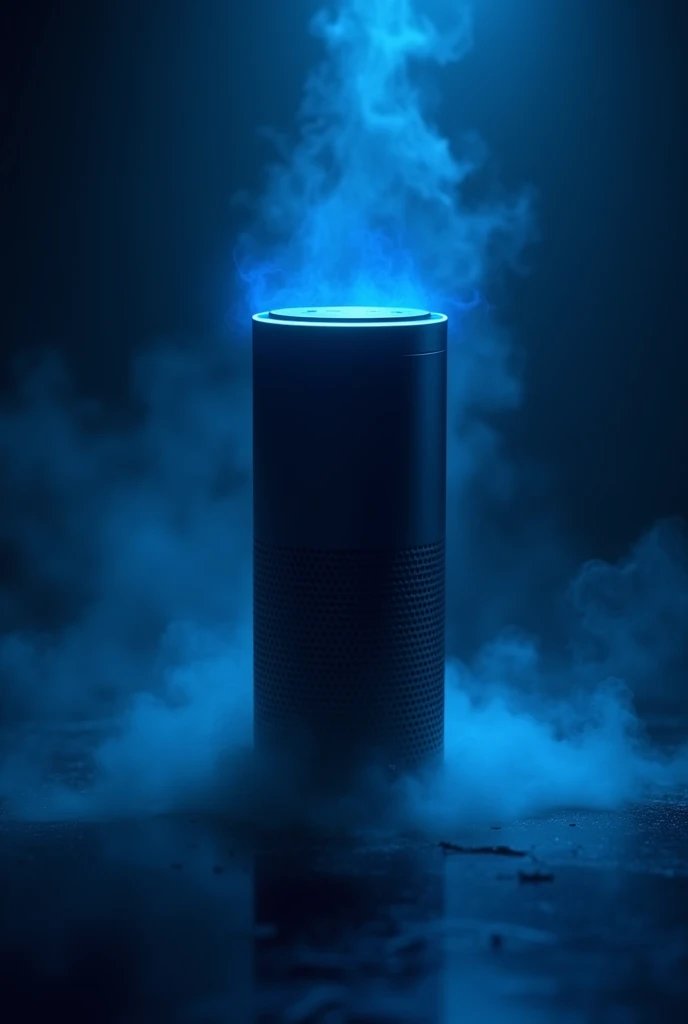 Generate a picture of the ai Amazon Speaker, Alexa. It has to have dark and blue lighting. It has to be so cool and unique IT HAS TO BE EYE TAKING and very cool cool cool and Alexa Amazon