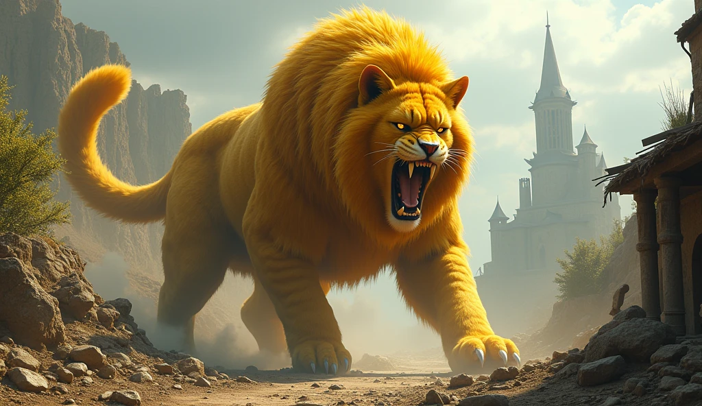 a massive yellow cat, 4 meters tall, in an aggressive pose, in the ruins of a village, in a mythological world, (best quality,4k,8k,highres,masterpiece:1.2),ultra-detailed,(realistic,photorealistic,photo-realistic:1.37),monster,extremely frightening,hyper realistic