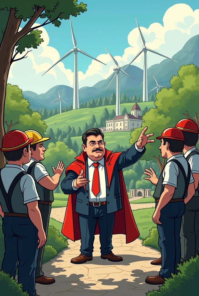 Let's create a cartoon about a historical park in Bulgaria, where the boss has an obsession with grandeur and his subordinates are ready to die for him, regardless of the fact that he manipulates them financially by taking their money, lying to them about how wind turbines are danger and they will kill the population and nature